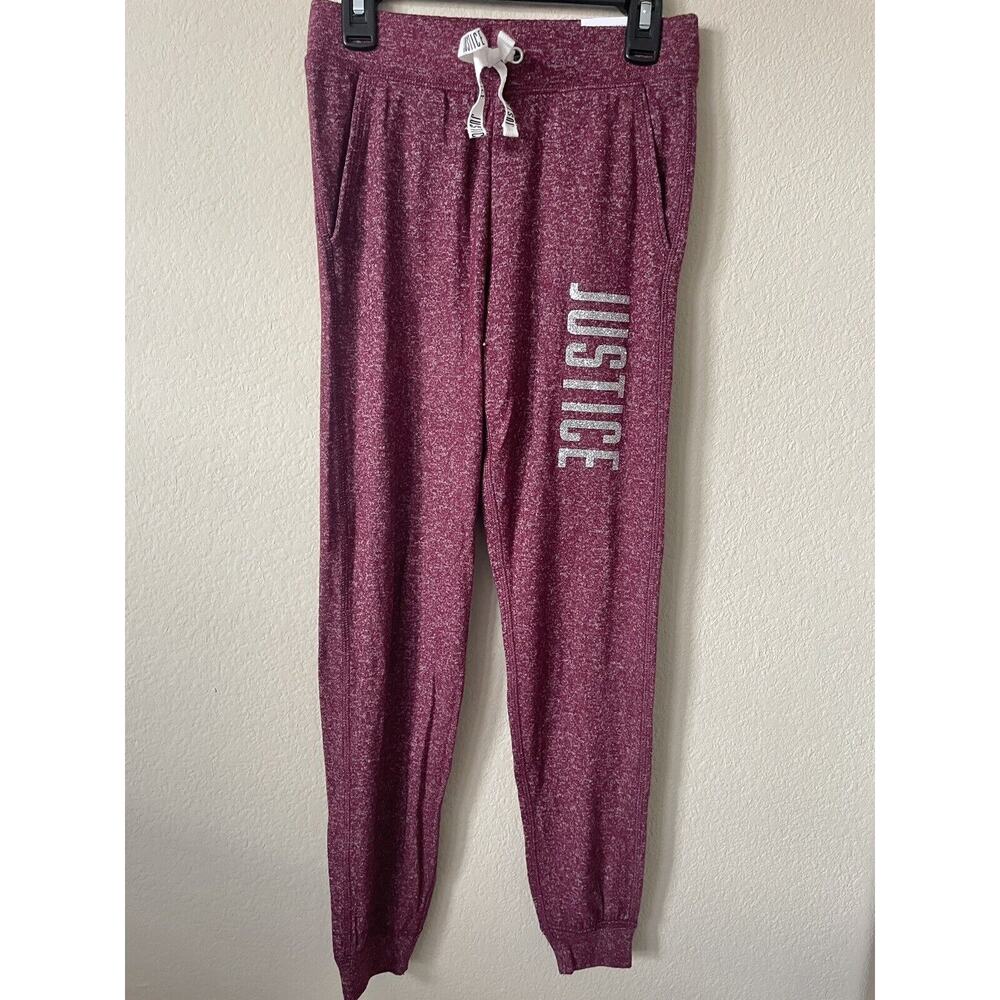 Justice Maroon Silver Sparkle Logo Mid Rise Full Length Girls’ Joggers Size 8